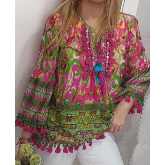 Antica Sartoria by Giacomo Cinque Blouse Tunic Boho Multicoloured Tassle Large - Picture 5 of 6
